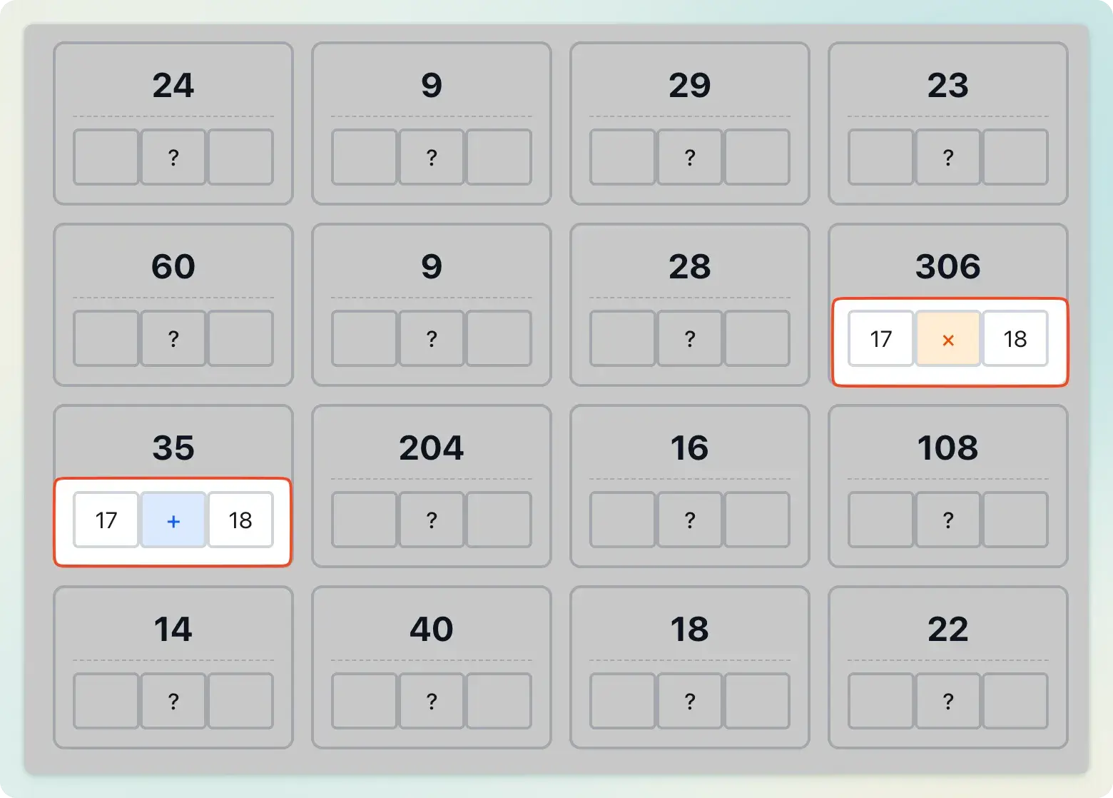 Tetonor puzzle match example showing how to pair numbers for addition and multiplication operations in the 4x4 grid